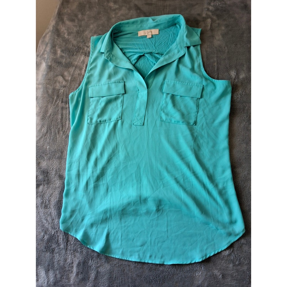 LOFT Womens Teal Blue Sleeveless Utility Blouse Split Neck Pocket Top Large
